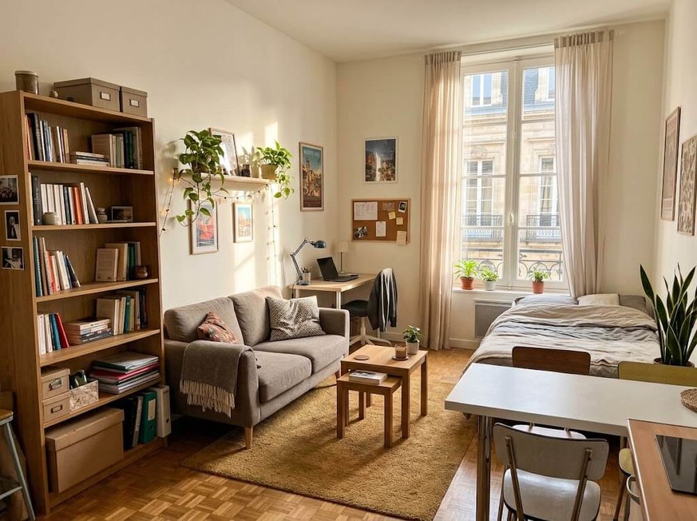 Studio meublé avec bibliothèque, coin nuit et bureau
