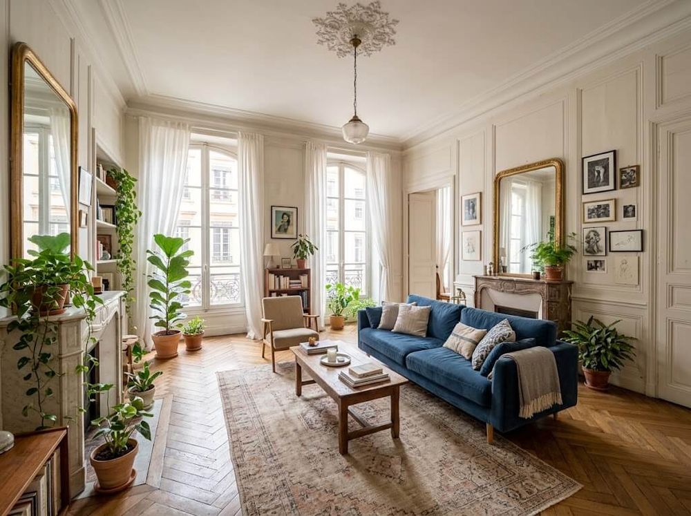 Séjour avec parquet en point de Hongrie, moulures et canapé bleu