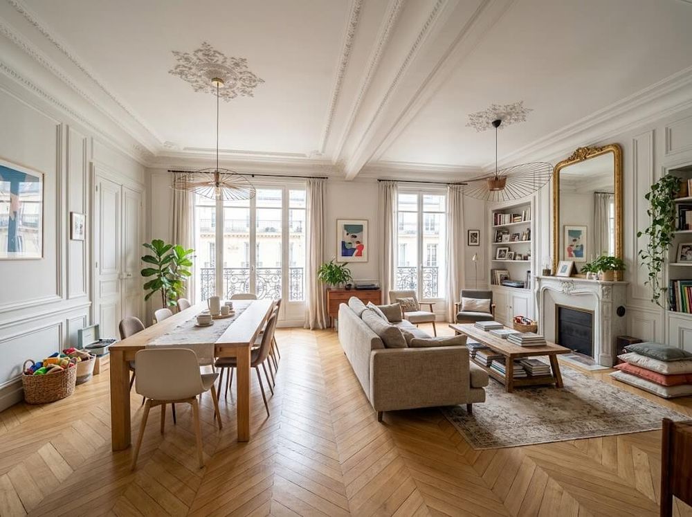Grand séjour haussmannien avec moulures et salle à manger