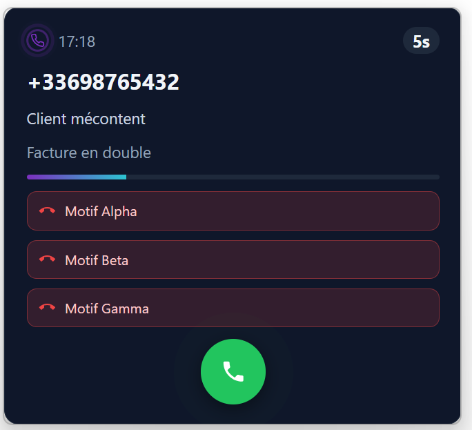 Interface d'appel TALKR avec boutons de transfert à chaud par motif