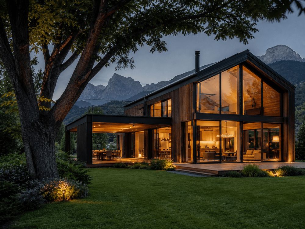 Maison d'architecte en bois et verre au pied des montagnes
