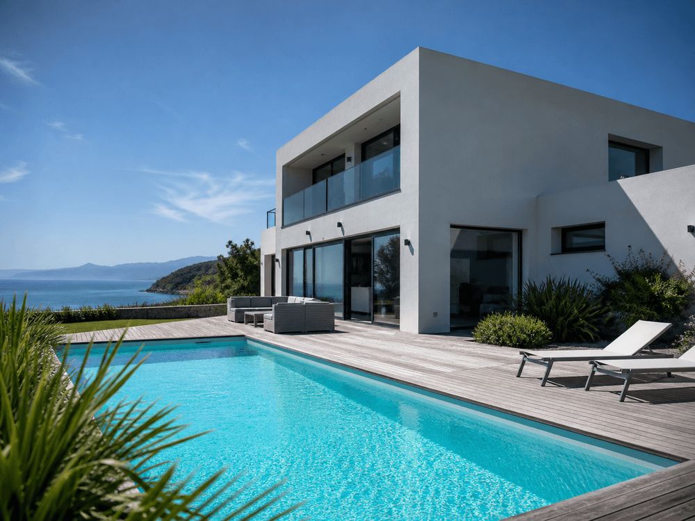 Villa contemporaine blanche avec piscine face à la mer